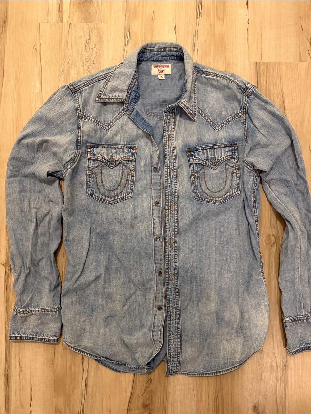 True Religion Washed Denim Western Shirt - Light Blue